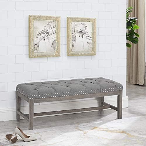Gray Linen Tufted Bench, 46"