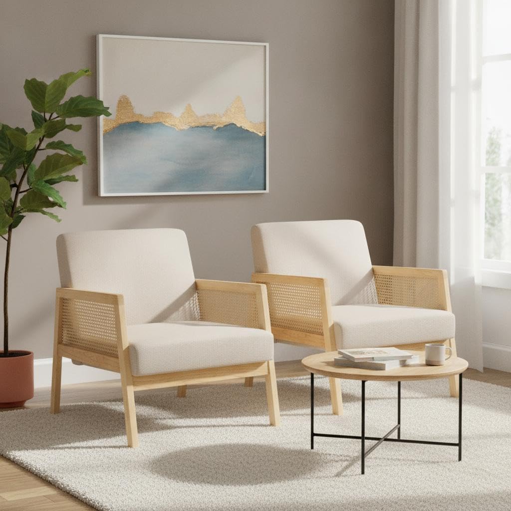 Rattan Accent Chairs Set of 2, Beige