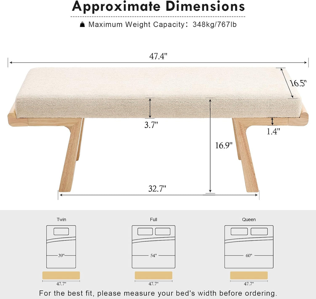 47" Beige Linen Upholstered Bench
