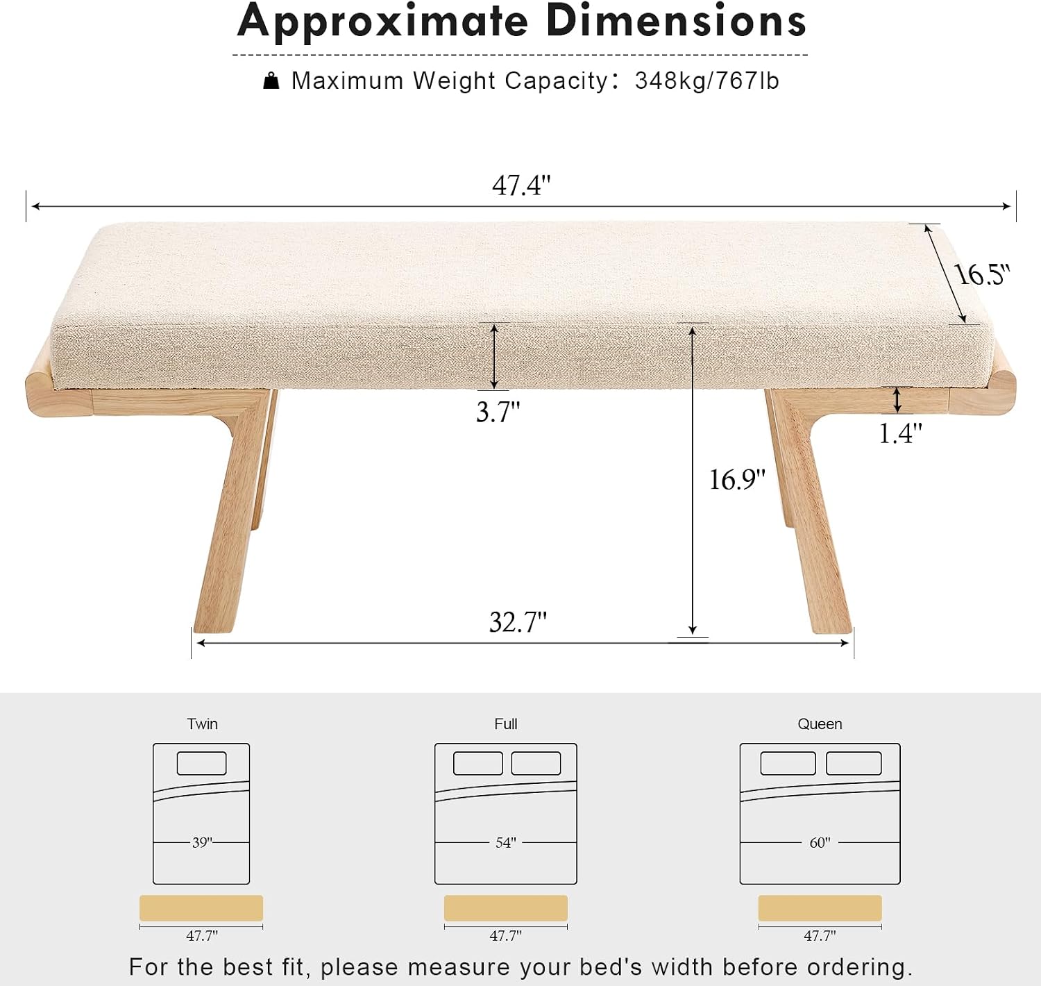 47" Beige Linen Upholstered Bench
