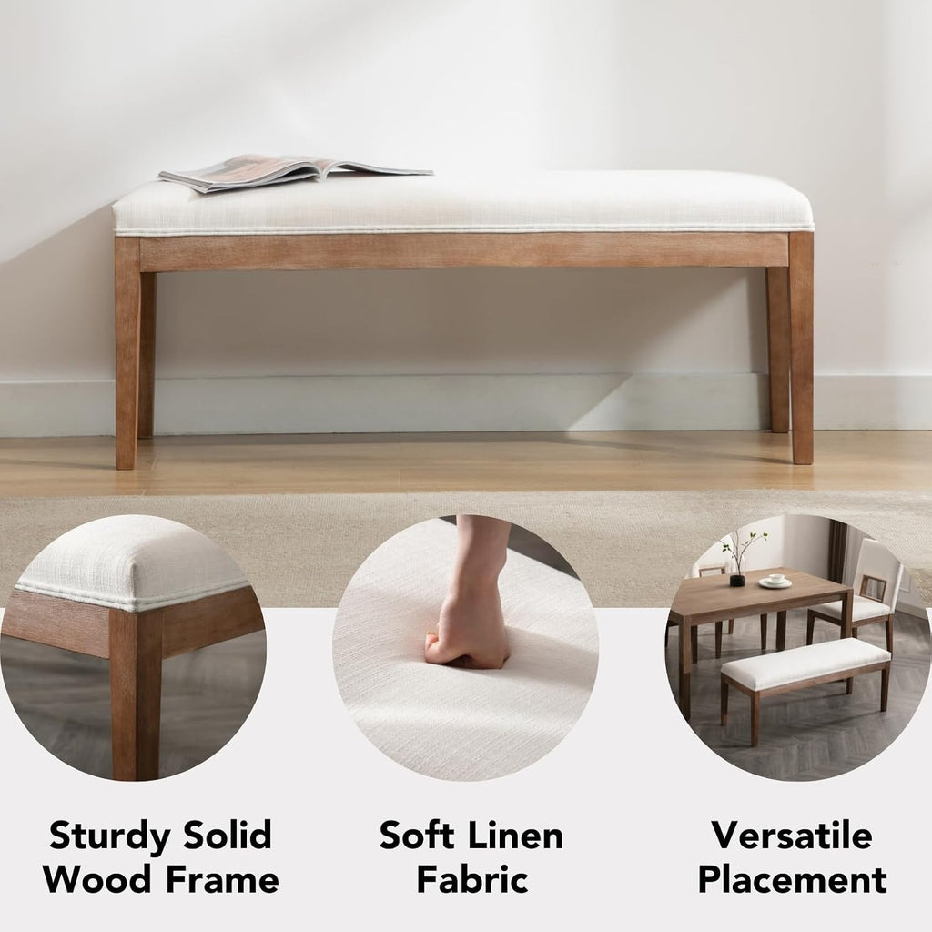 Beige Linen Entryway Bench, 45.5"