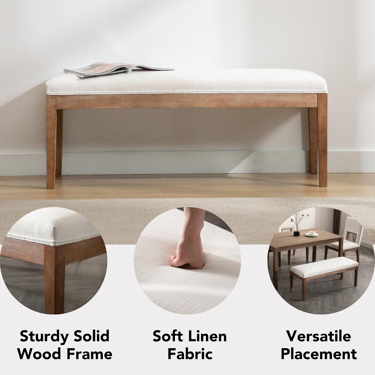 Beige Linen Entryway Bench, 45.5"