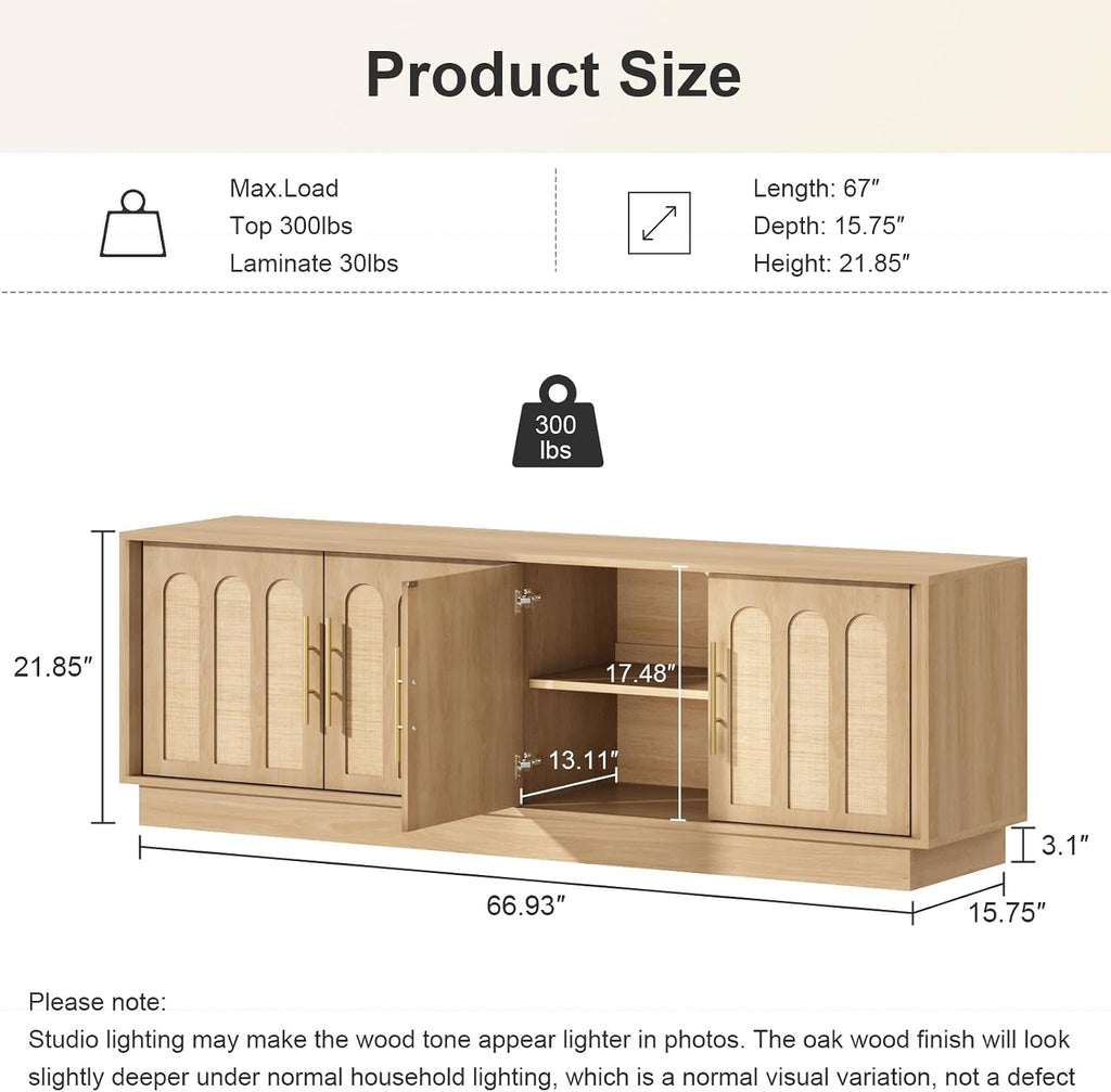 67" Arched Rattan Sideboard, Natural Oak