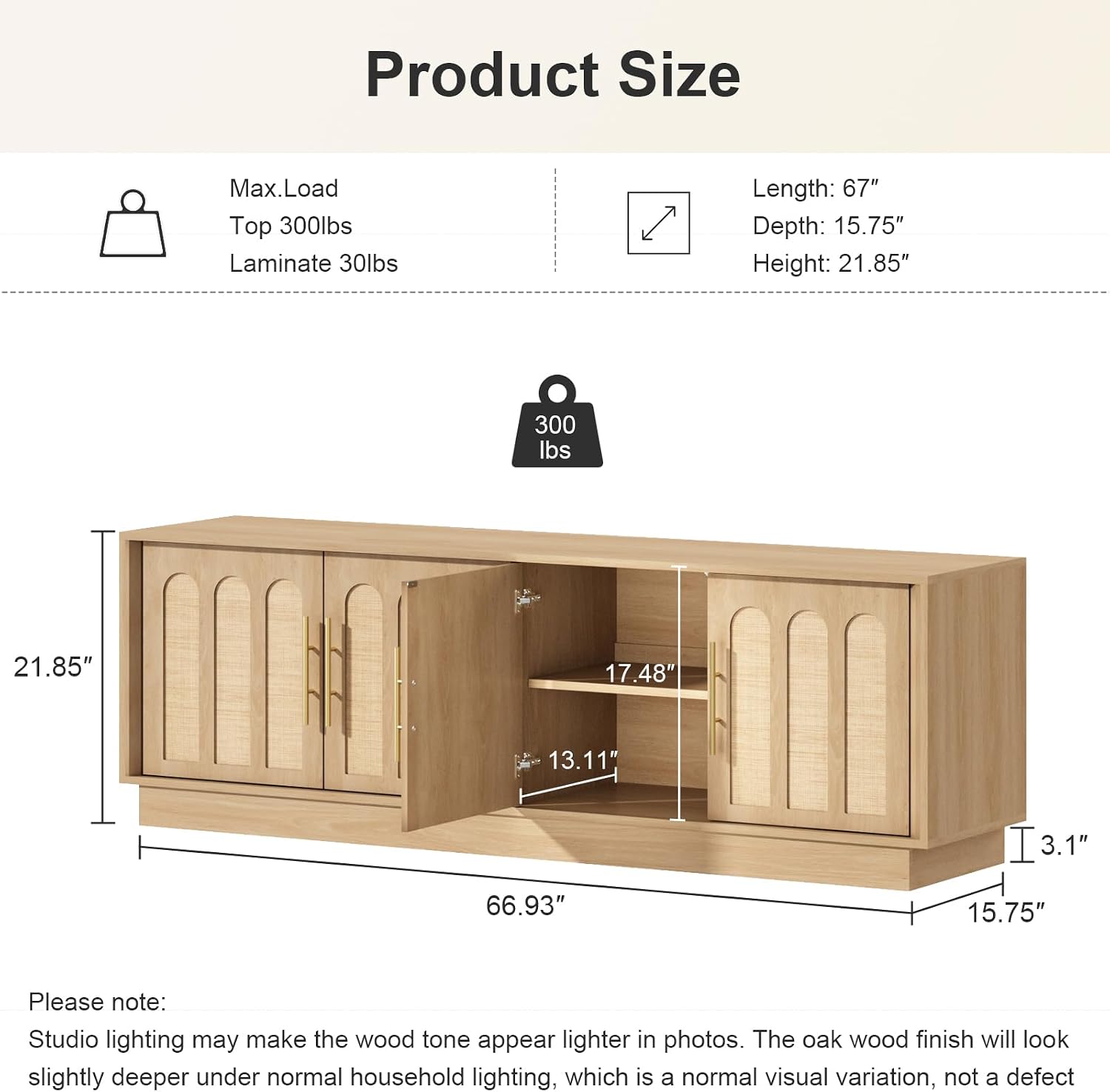 67" Arched Rattan Sideboard, Natural Oak