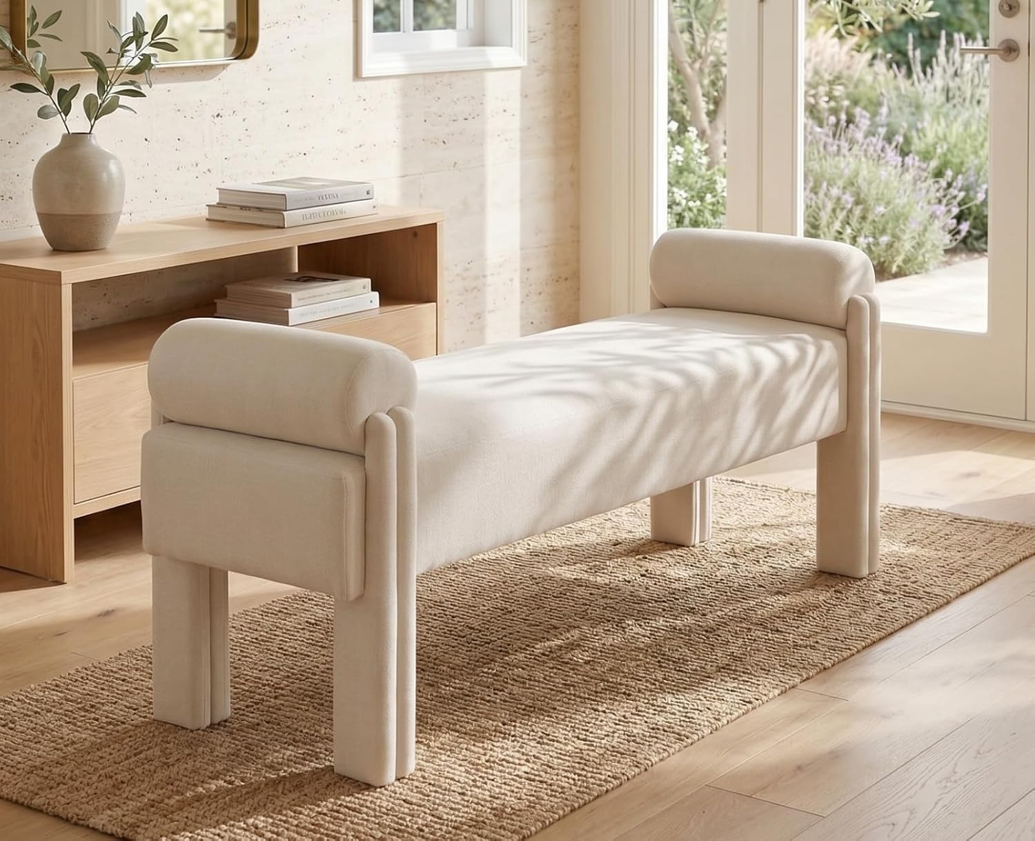 Beige Linen Bench, 53"
