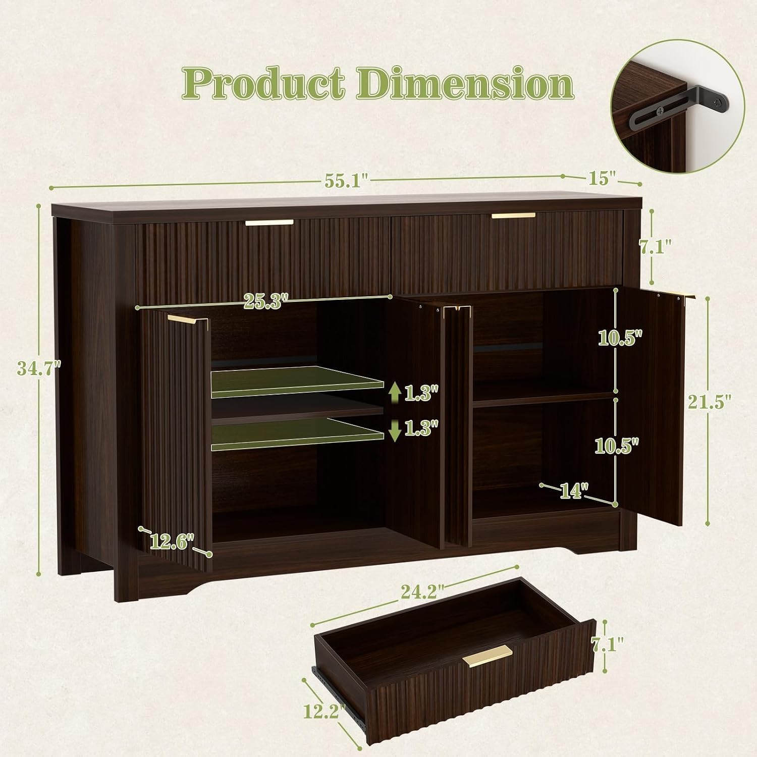 55" Fluted Sideboard, Black Walnut