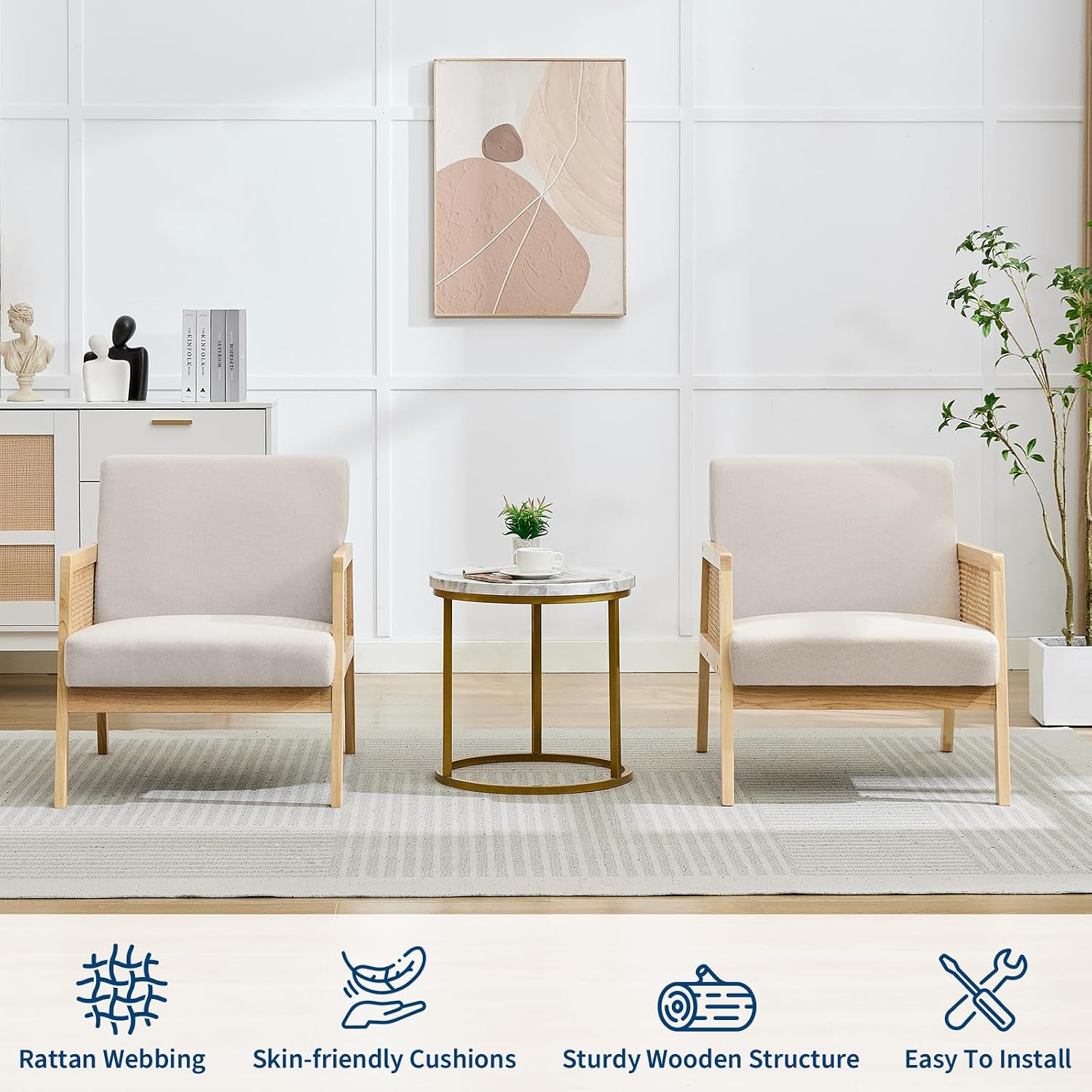 Rattan Accent Chairs Set of 2, Beige