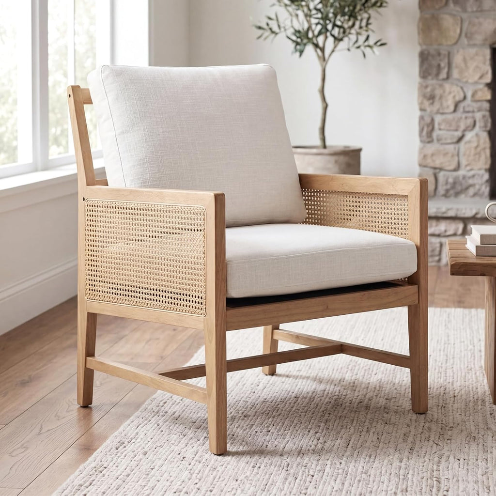 Rattan Accent Chair, Cream Linen