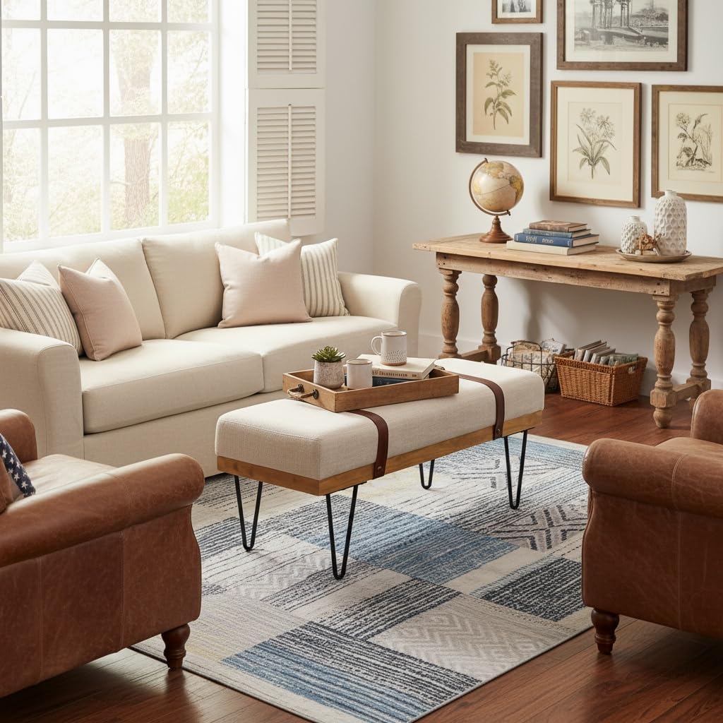 Industrial Linen Ottoman Bench, Beige
