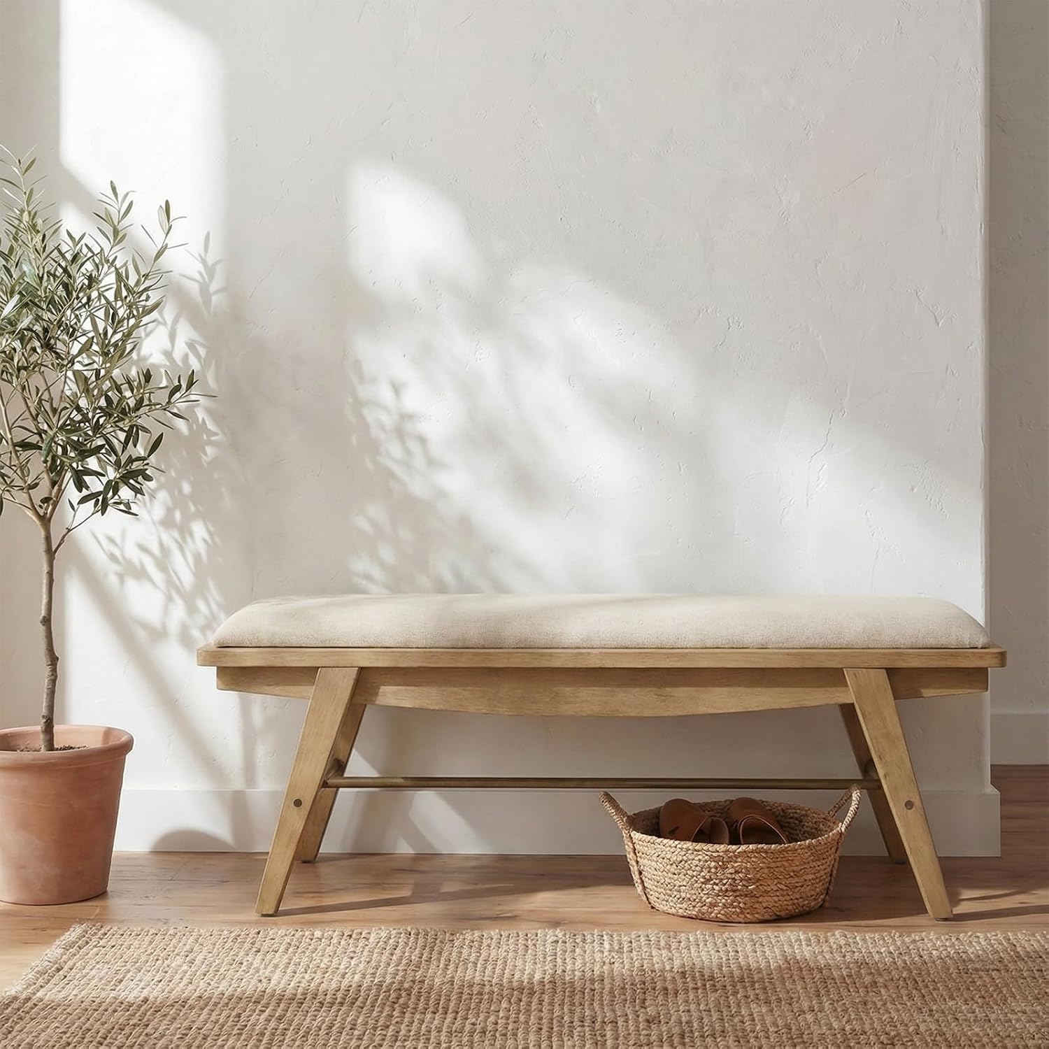 Beige Linen Shoe Bench, 43.5"