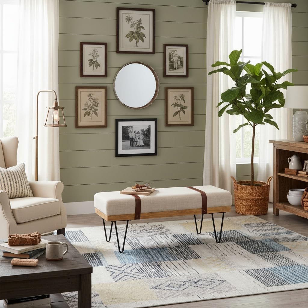 Industrial Linen Ottoman Bench, Beige