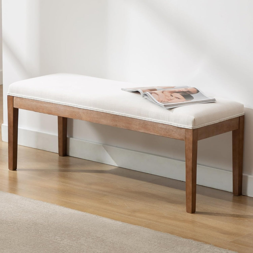 Beige Linen Entryway Bench, 45.5"