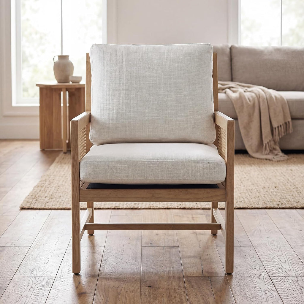 Rattan Accent Chair, Cream Linen