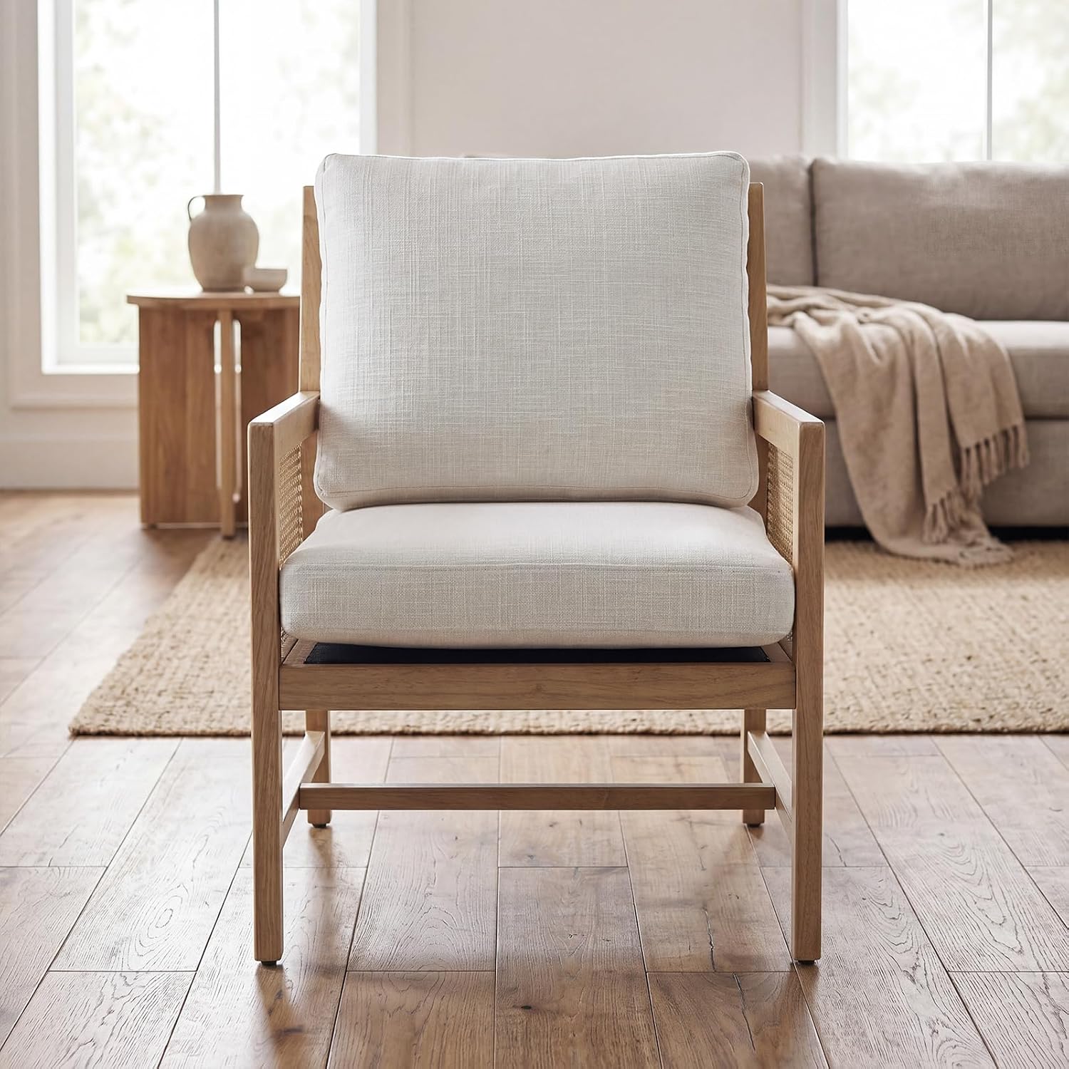 Rattan Accent Chair, Cream Linen