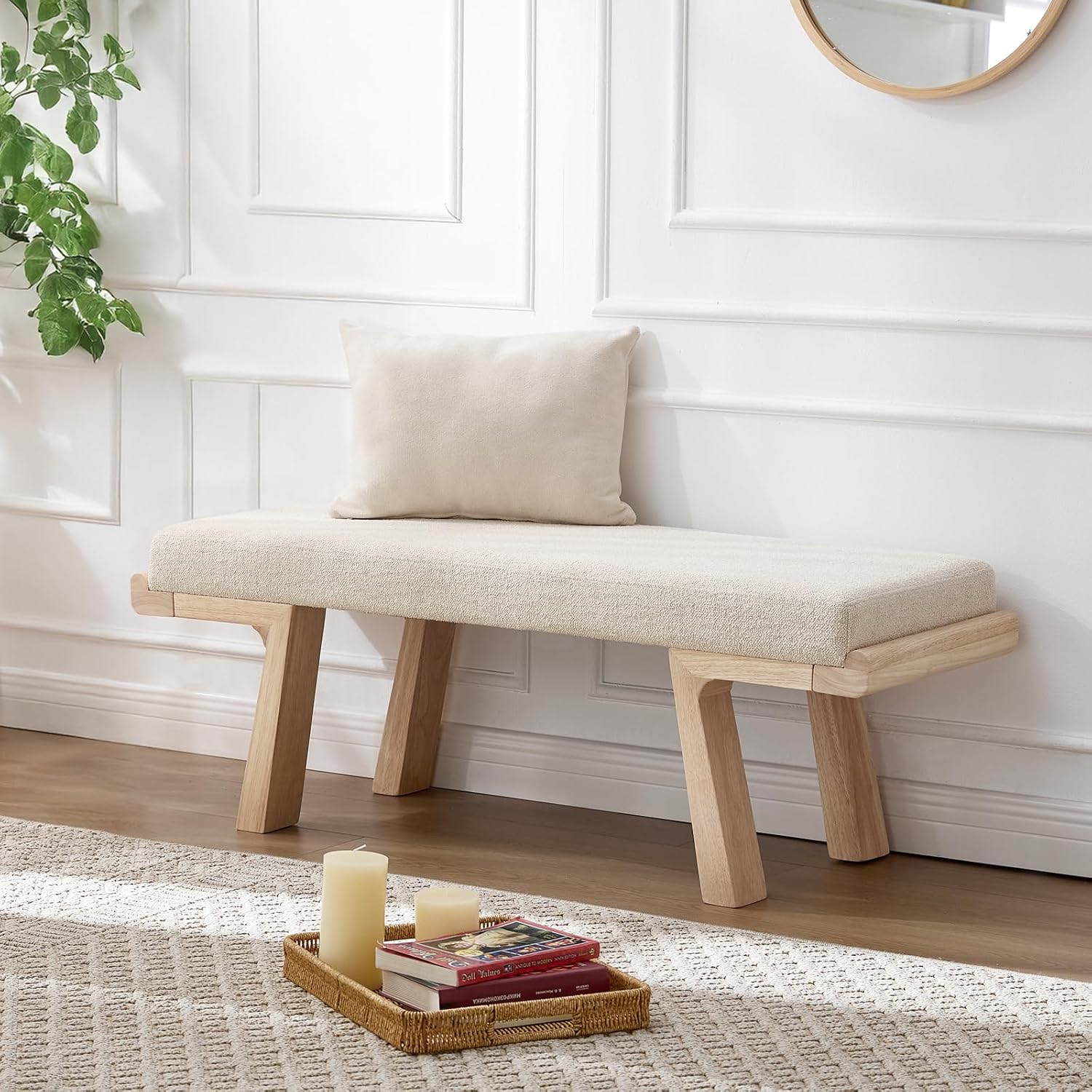 47" Beige Linen Upholstered Bench