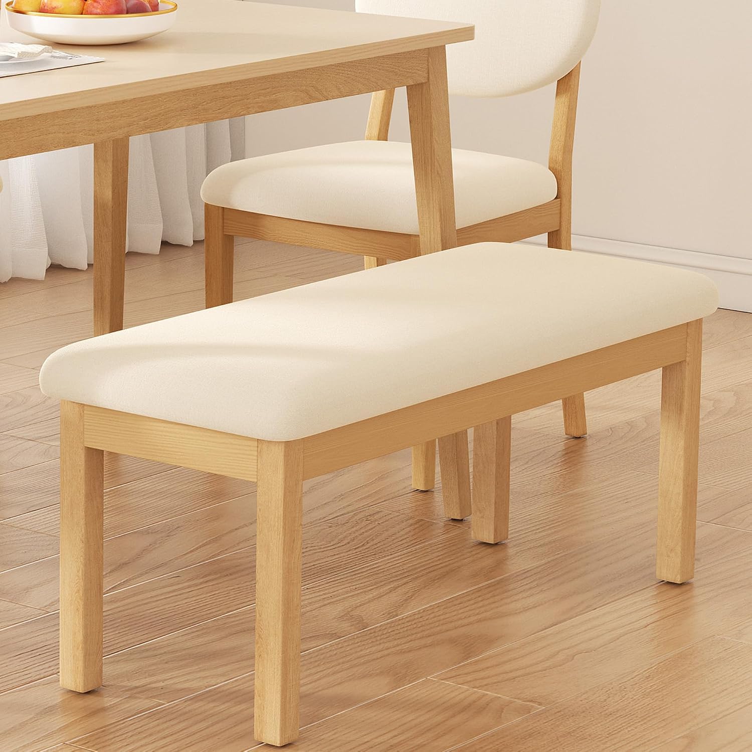 Mid Century Linen Dining Bench, Beige