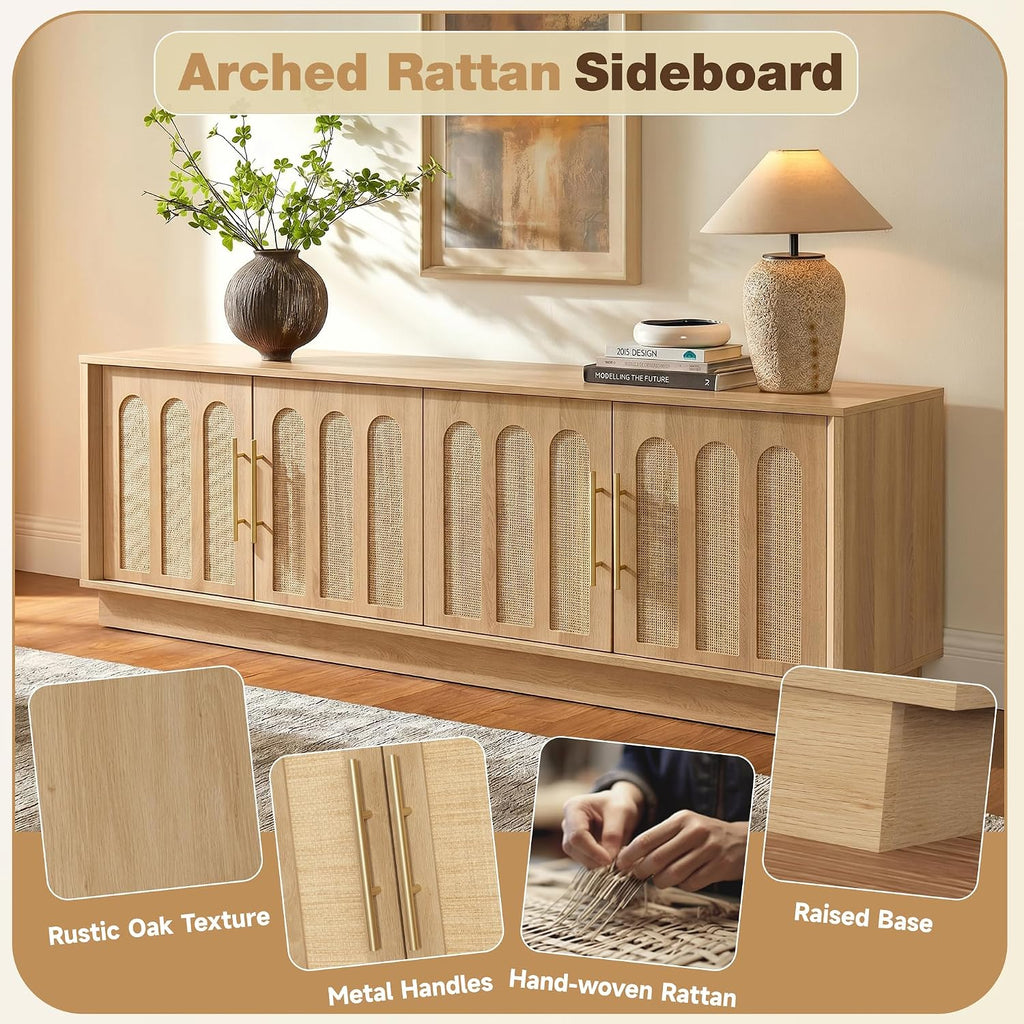 67" Arched Rattan Sideboard, Natural Oak