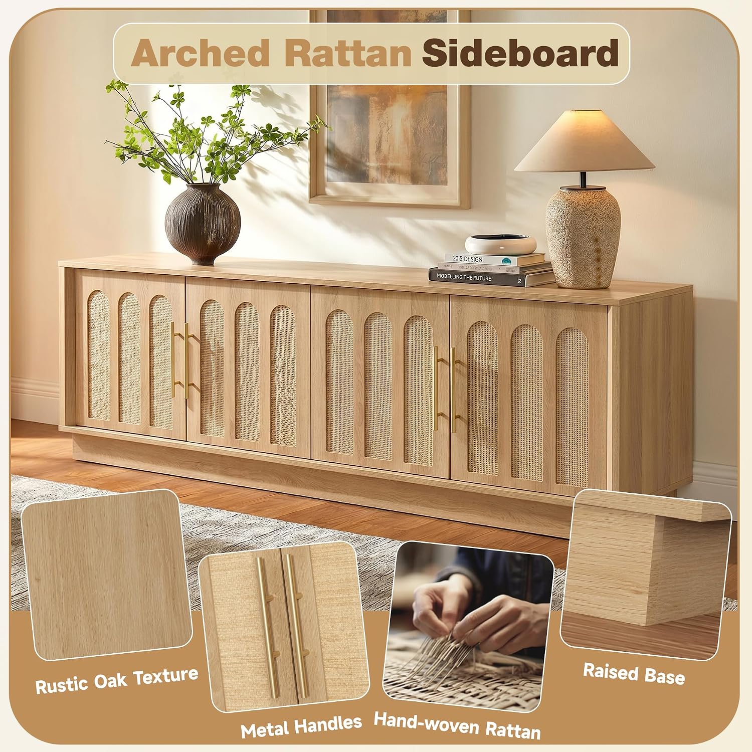 67" Arched Rattan Sideboard, Natural Oak