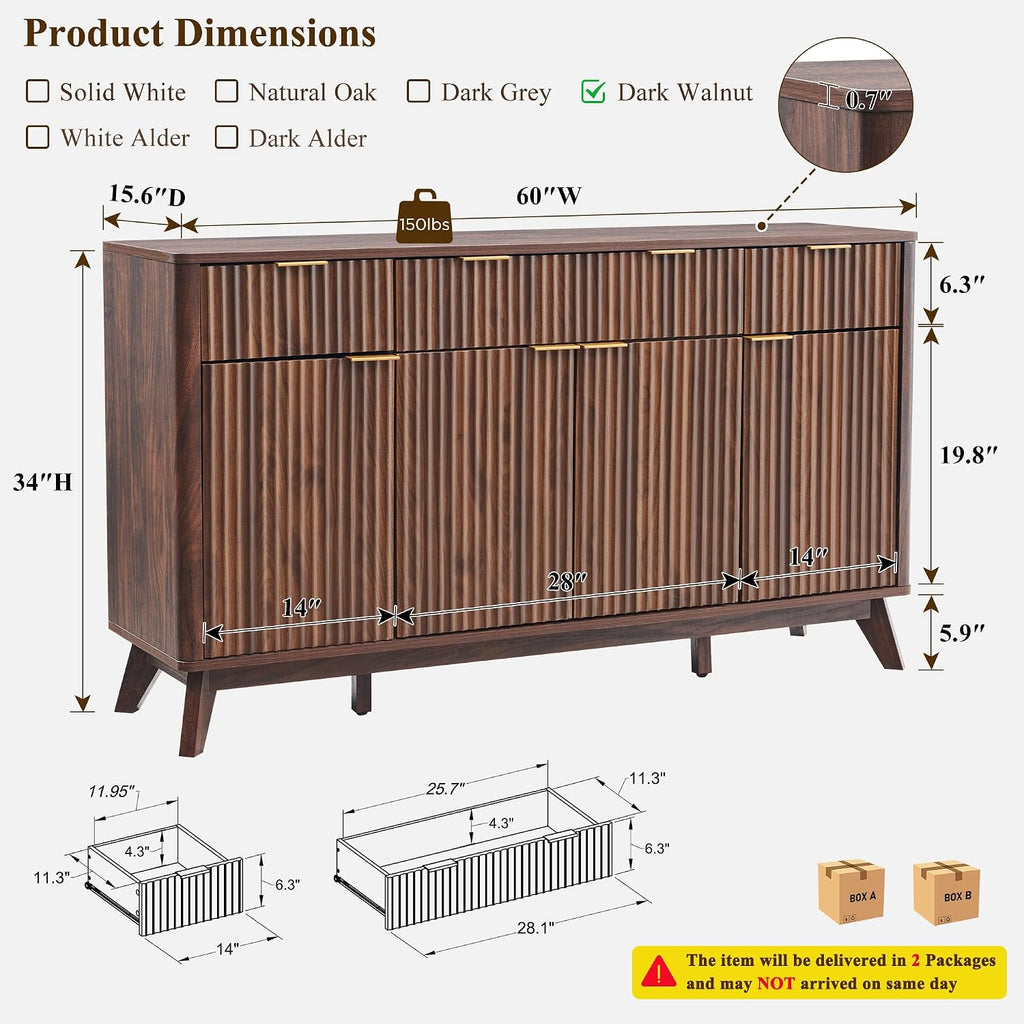 60" Fluted Sideboard, Dark Walnut