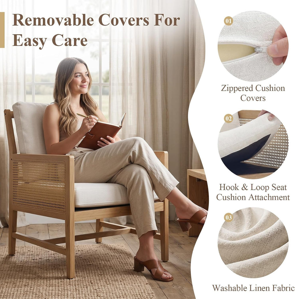 Rattan Accent Chair, Cream Linen