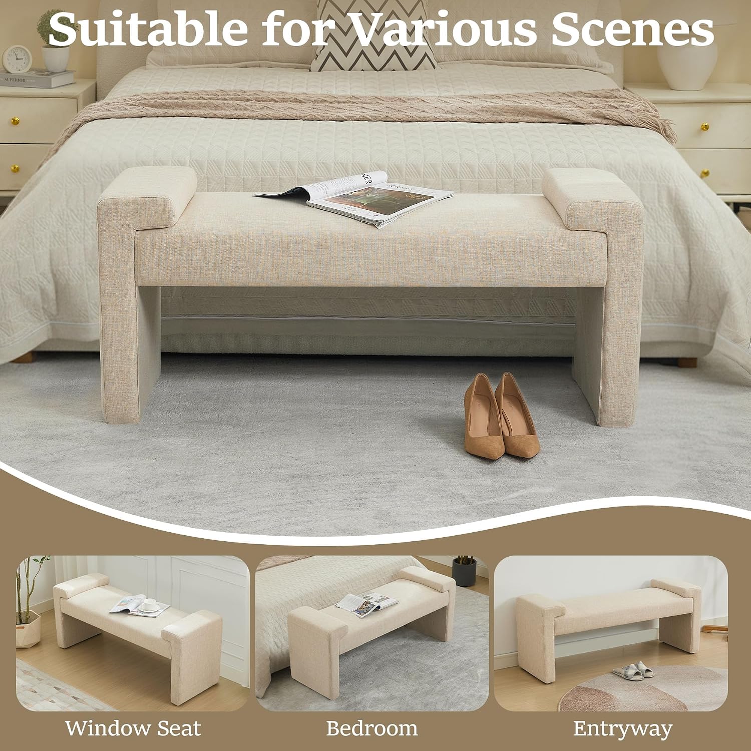 Tan Linen Bench, 43"
