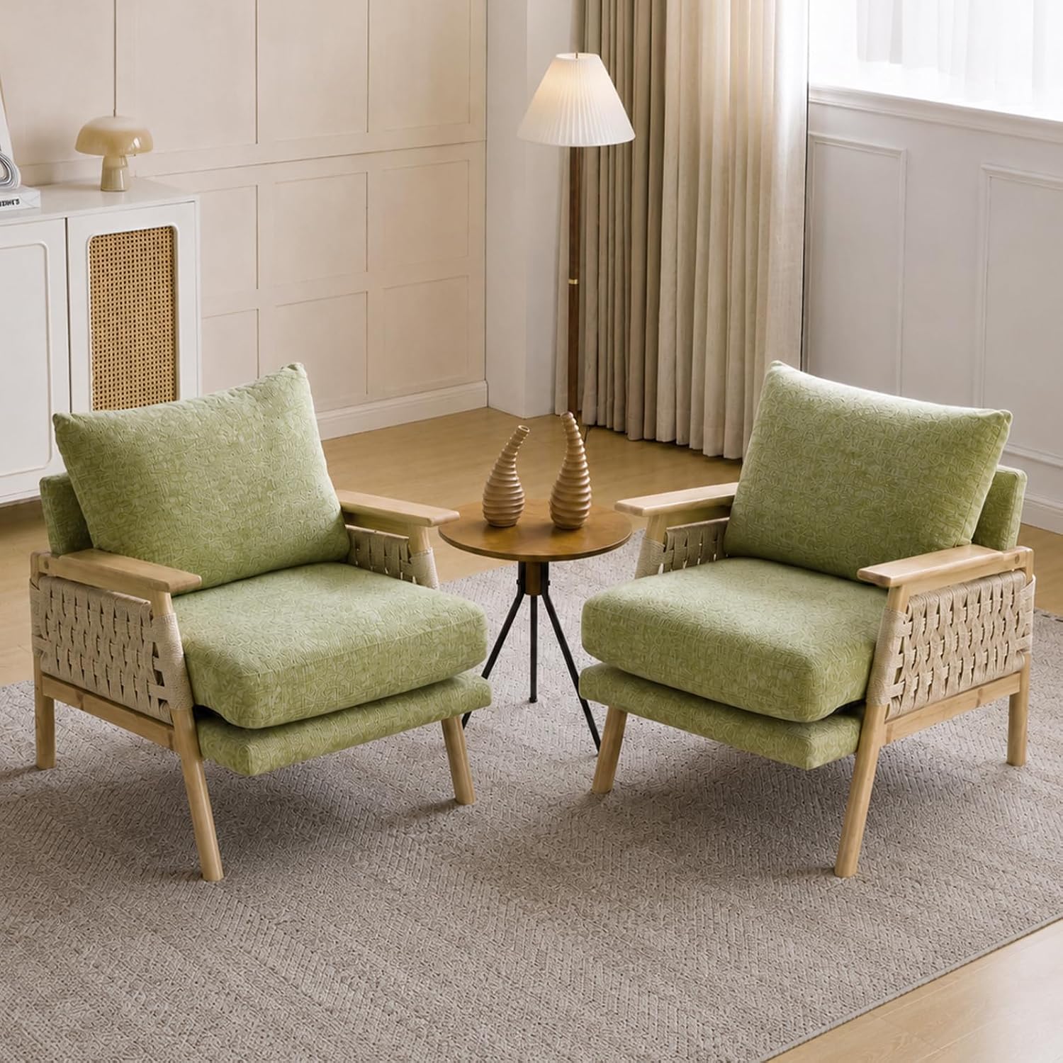 Boho Rattan Accent Chairs Set of 2, Sage Green