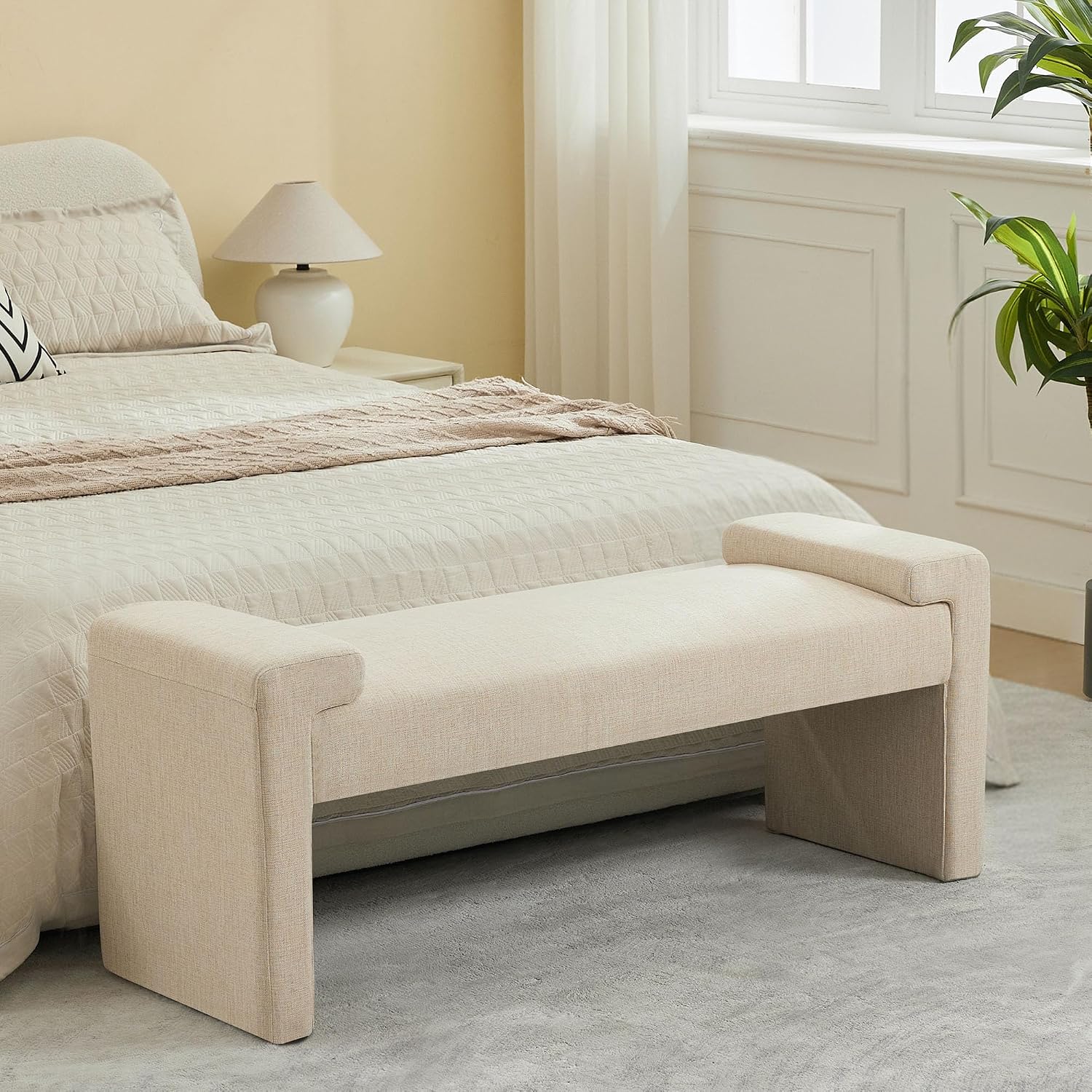 Tan Linen Bench, 43"