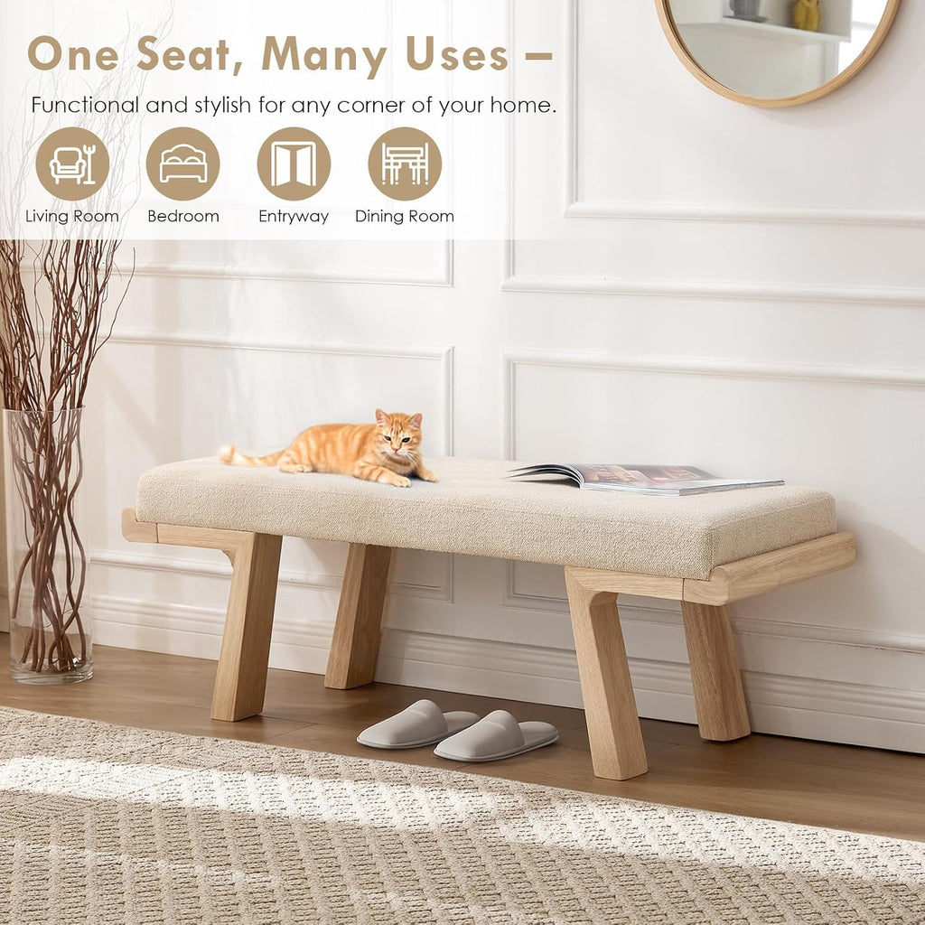 47" Beige Linen Upholstered Bench