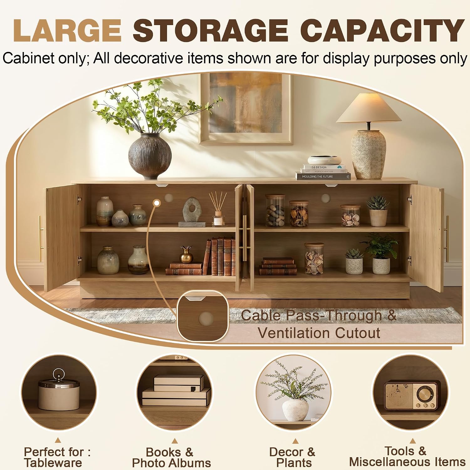 67" Arched Rattan Sideboard, Natural Oak