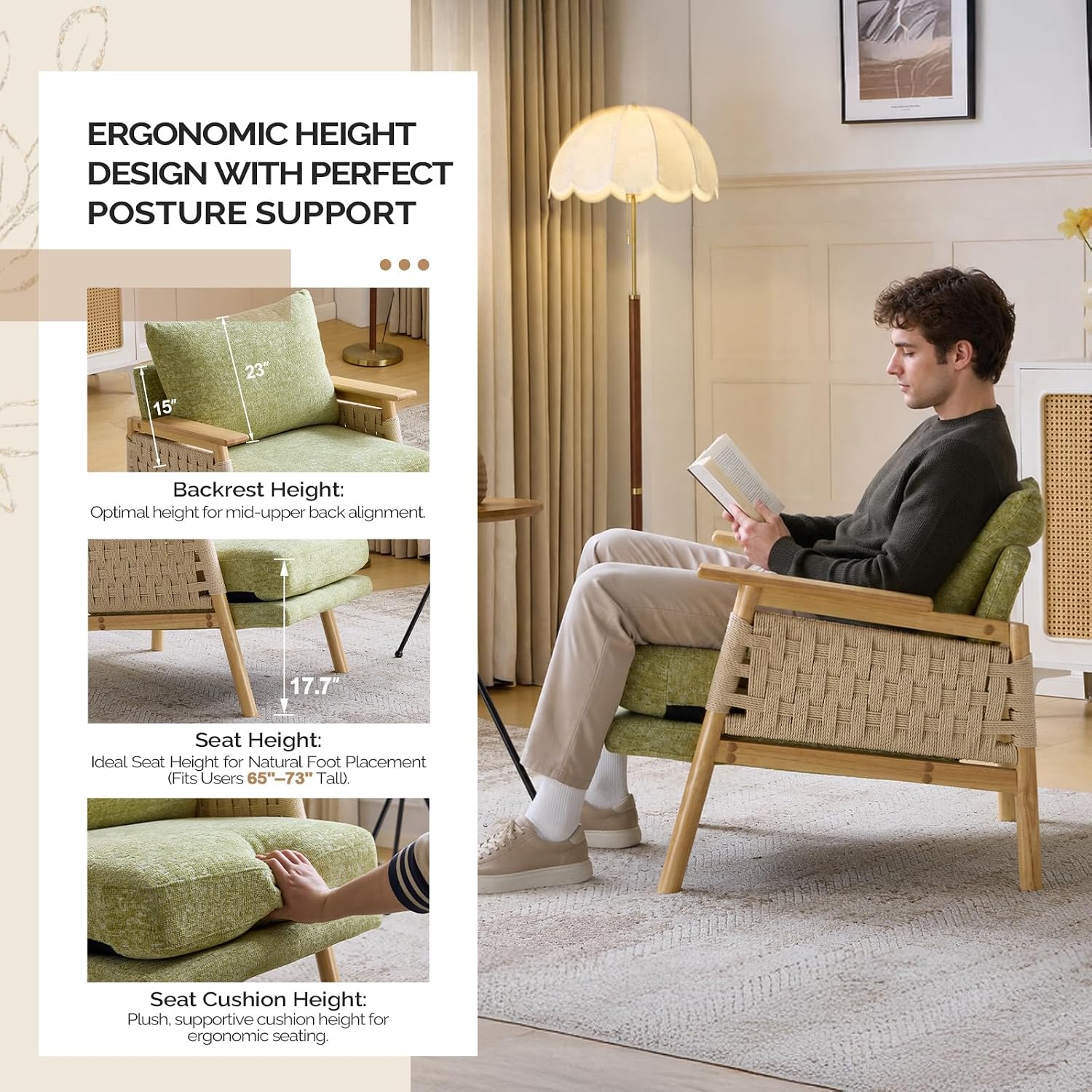 Boho Rattan Accent Chairs Set of 2, Sage Green