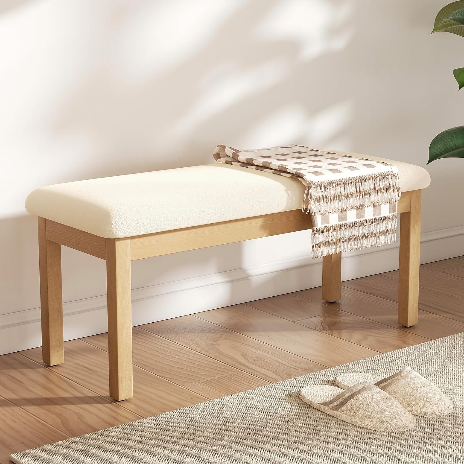 Mid Century Linen Dining Bench, Beige