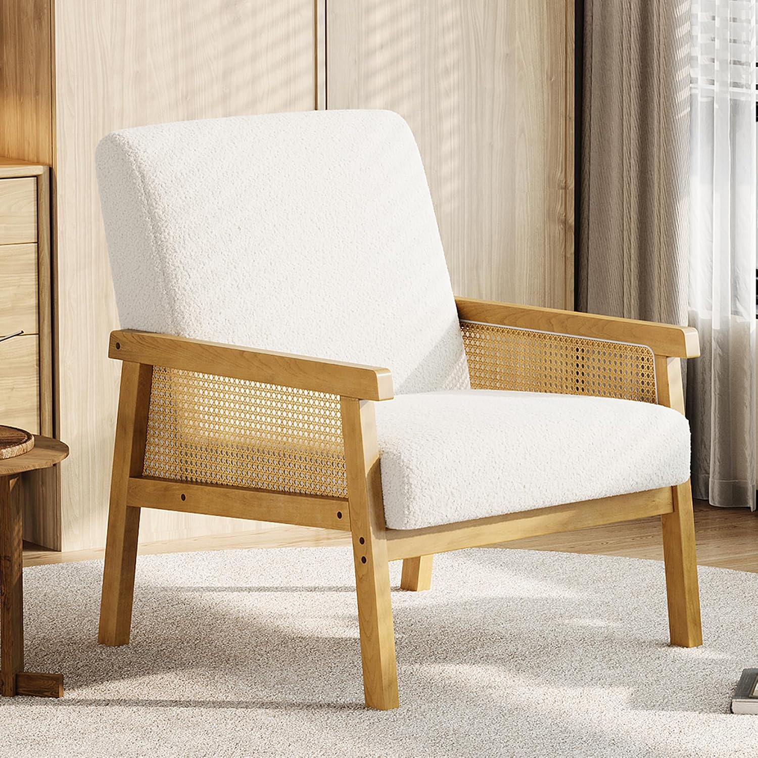 White Boucle Rattan Accent Chair