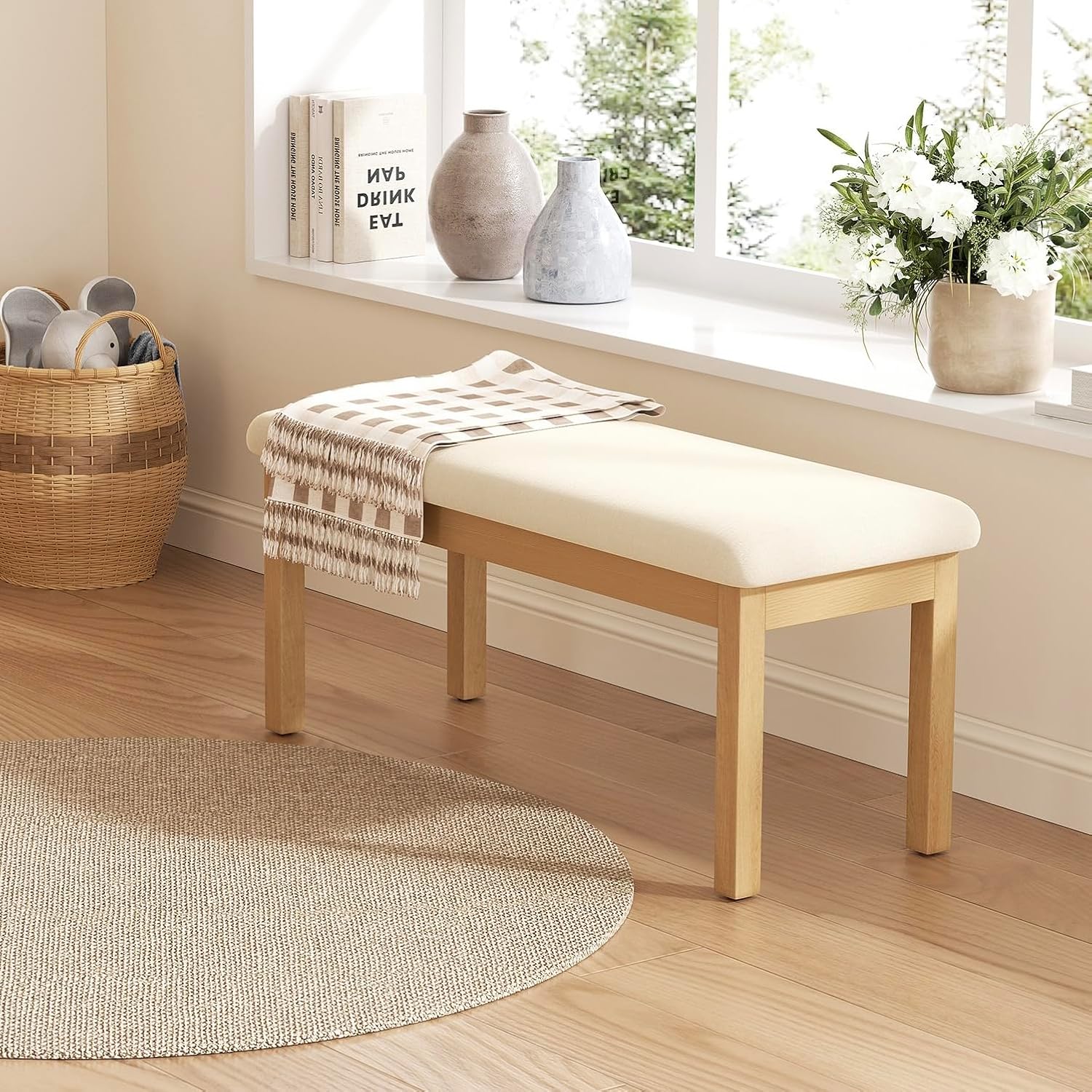 Mid Century Linen Dining Bench, Beige