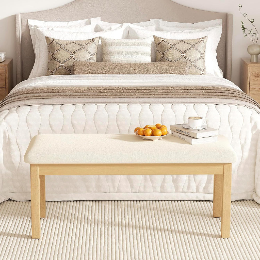 Mid Century Linen Dining Bench, Beige