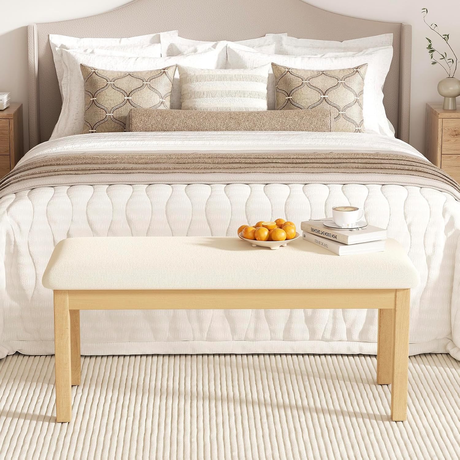 Mid Century Linen Dining Bench, Beige