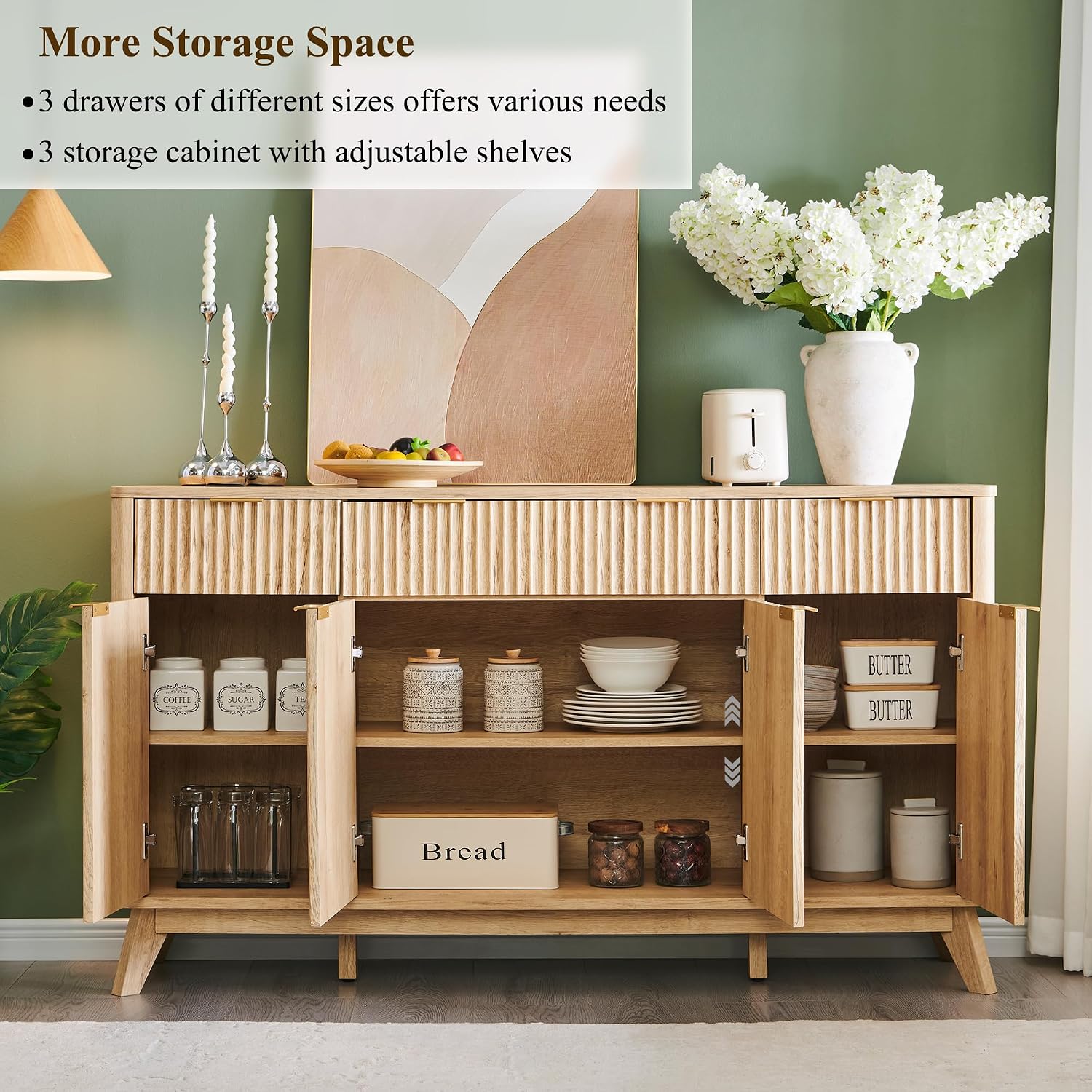 60" Fluted Sideboard, Natural Oak