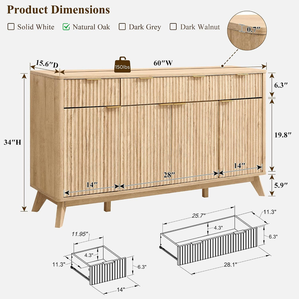 60" Fluted Sideboard, Natural Oak