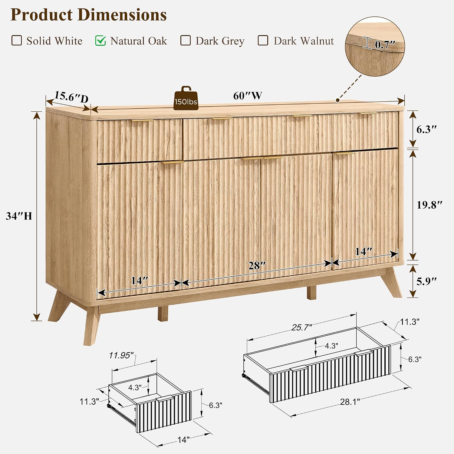 60" Fluted Sideboard, Natural Oak