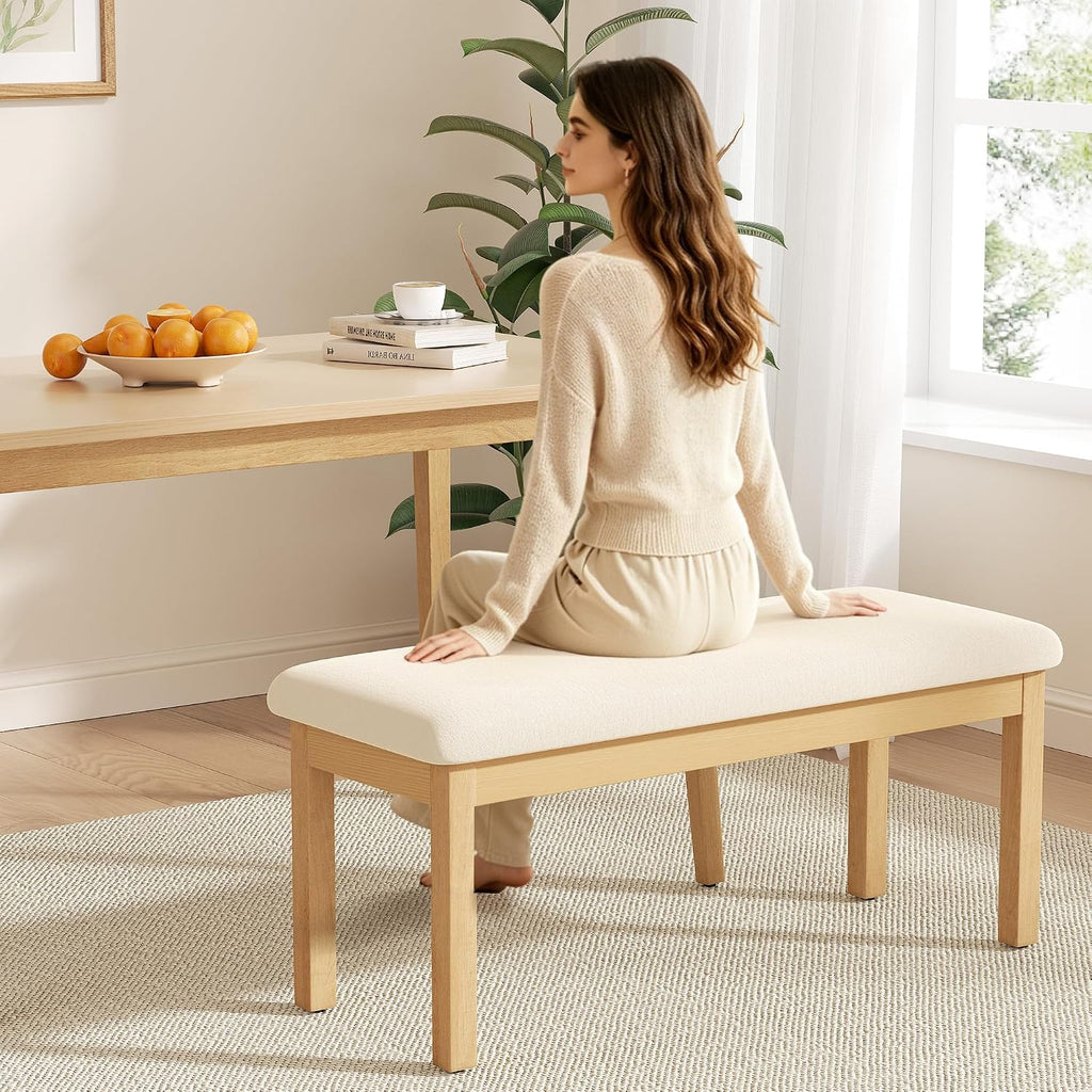 Mid Century Linen Dining Bench, Beige
