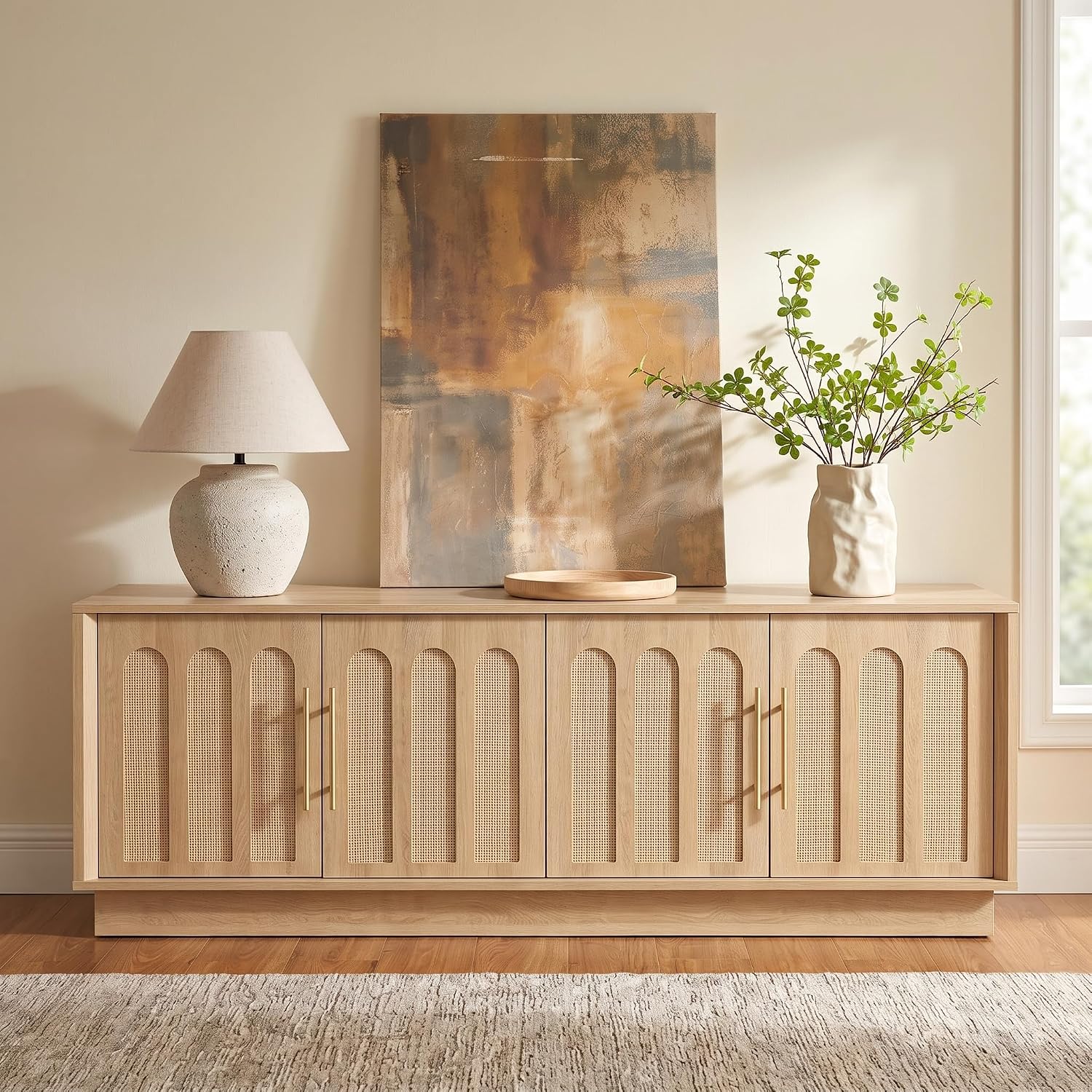 67" Arched Rattan Sideboard, Natural Oak