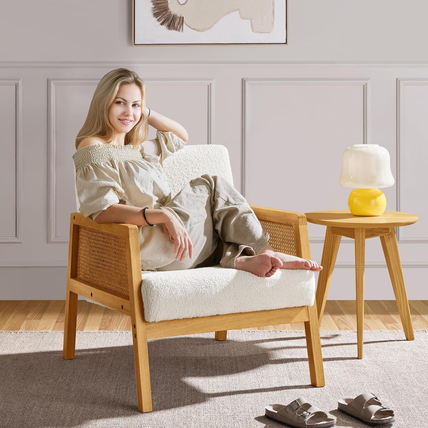 Boho Rattan Accent Chair, Ivory