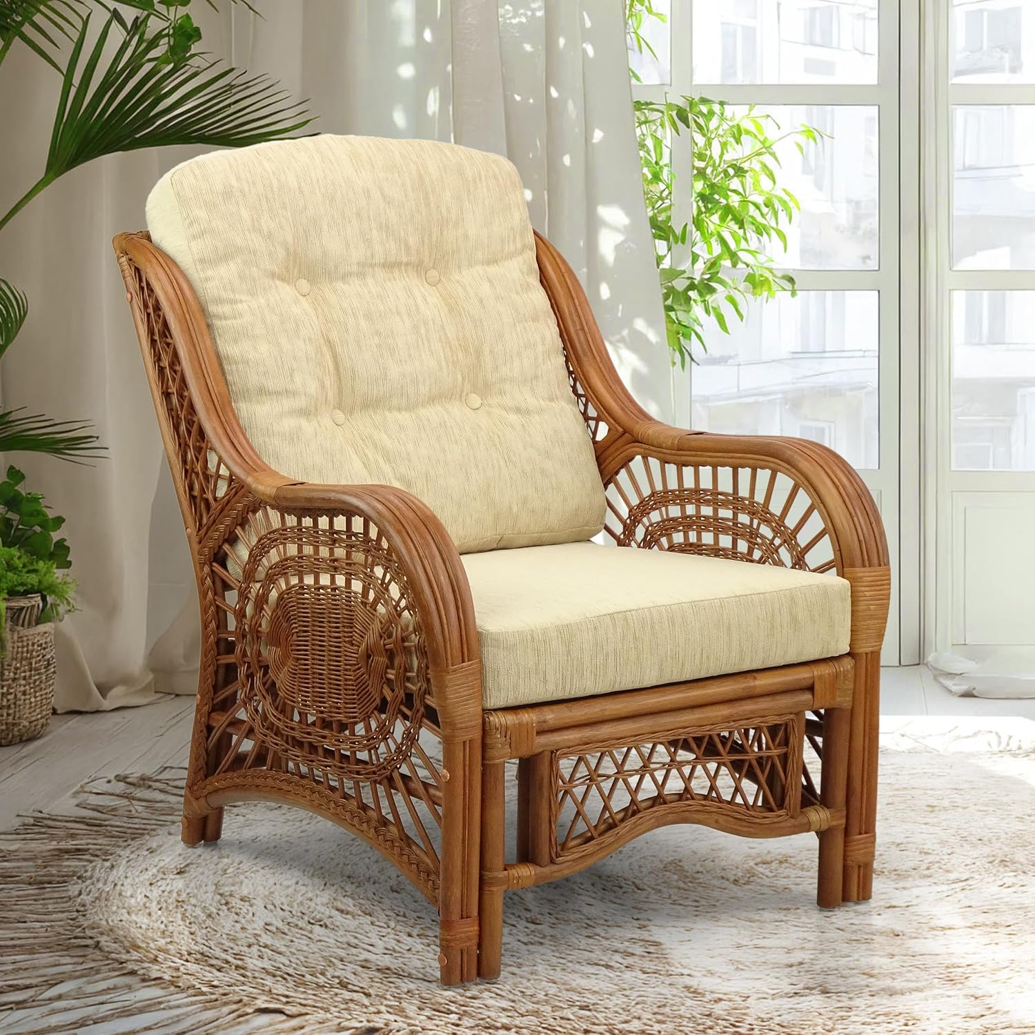 Rattan Accent Chair, Cream Cushion