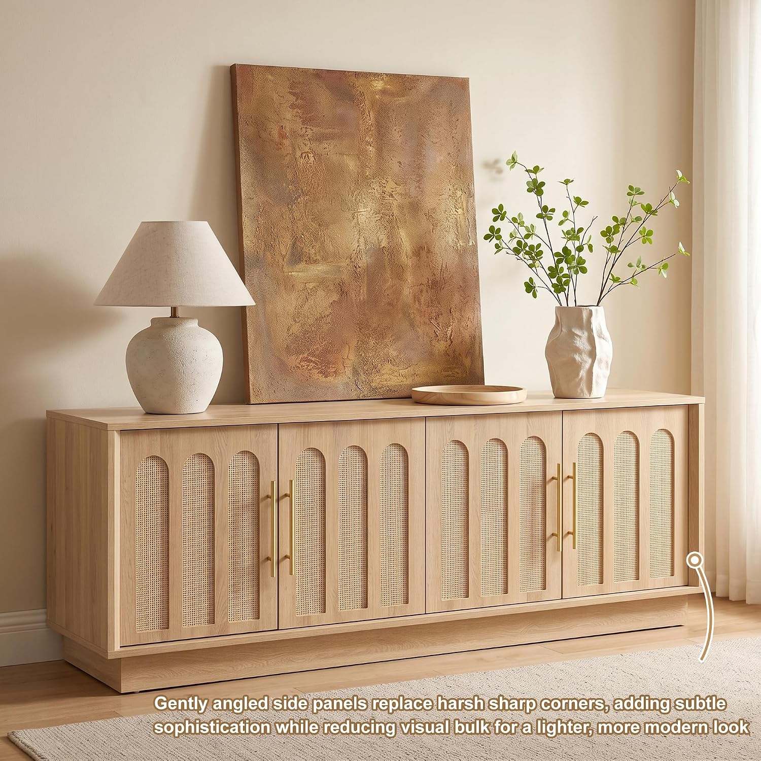 67" Arched Rattan Sideboard, Natural Oak