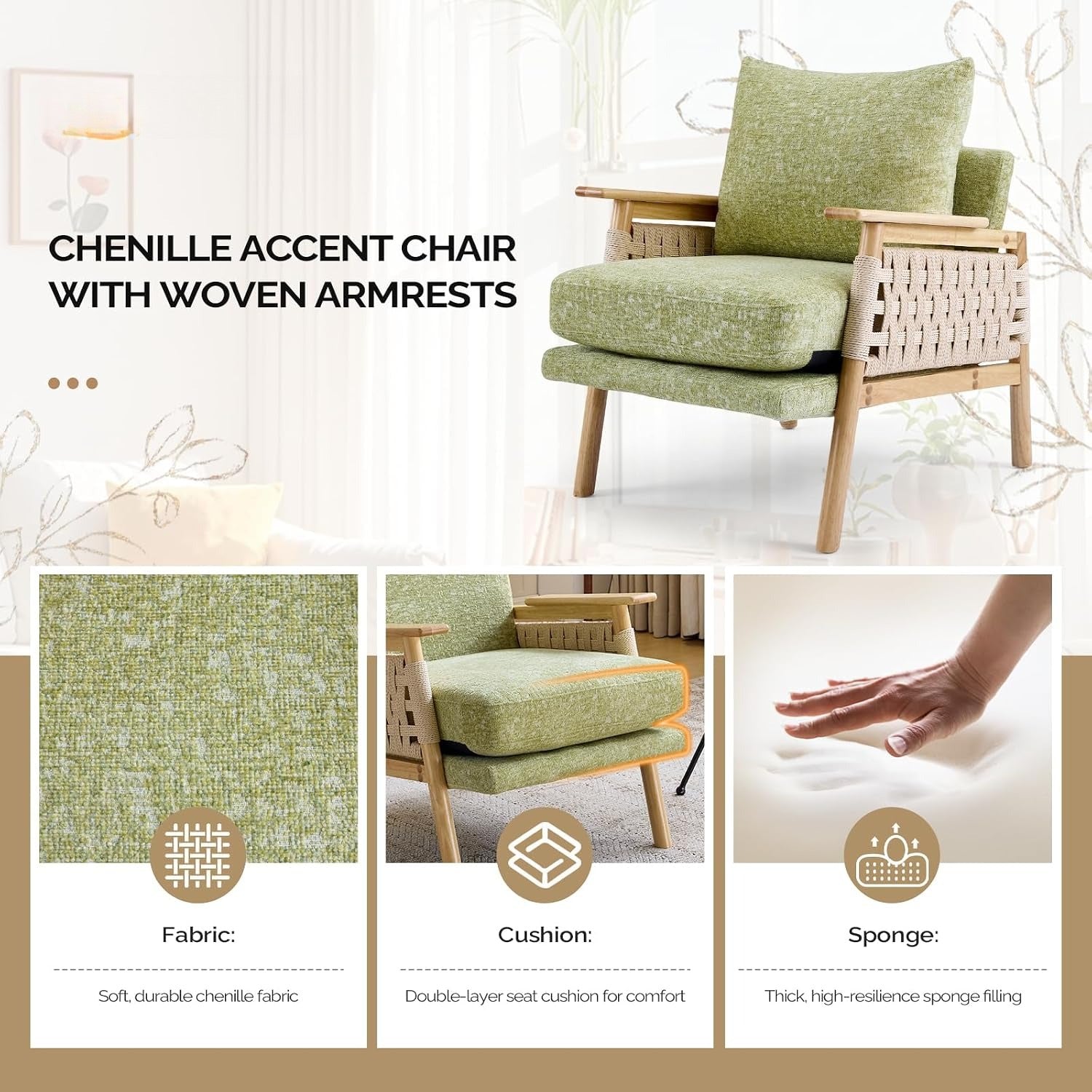 Boho Rattan Accent Chairs Set of 2, Sage Green